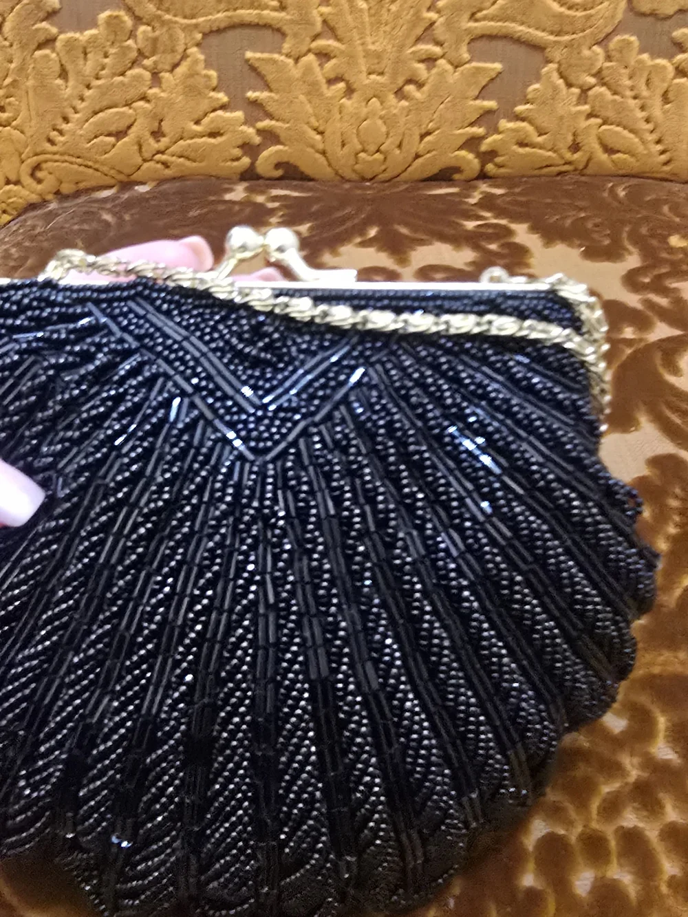 La Regale Black Beaded Shell Clutch with Gold Chain